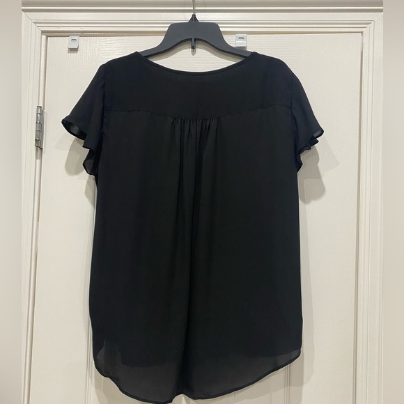 INC ladies black chiffon top Draped front Hi lo hem Cap flutter sleeve - Picture 3 of 8